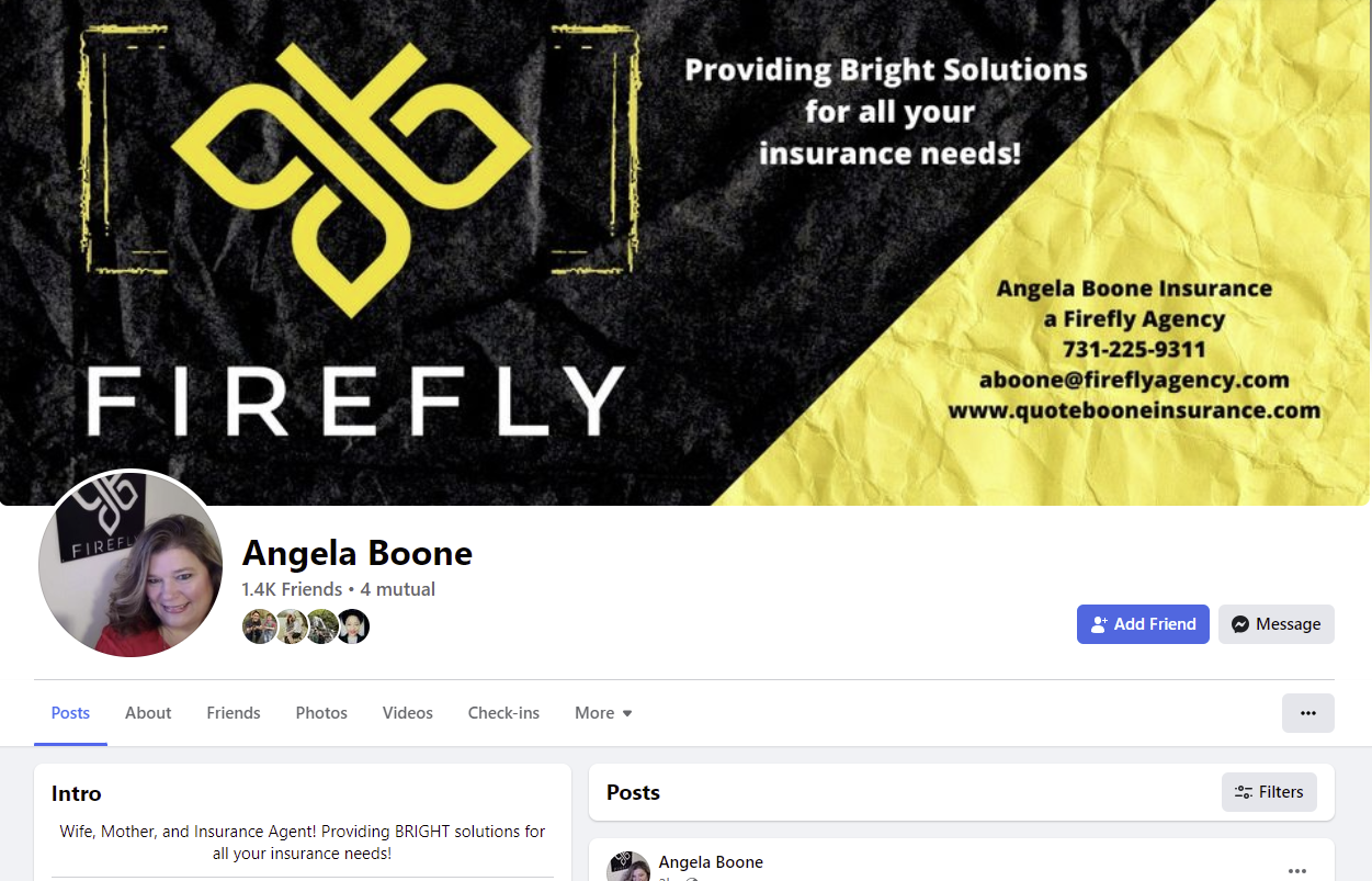 Create the Best Facebook Business Page in Insurance 4 Angela Boone Firefly Facebook page.