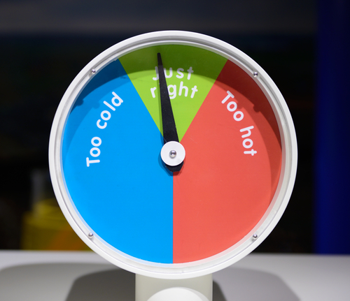 A scale reading "too cold, just right, too hot" with the needle landing on "just right."